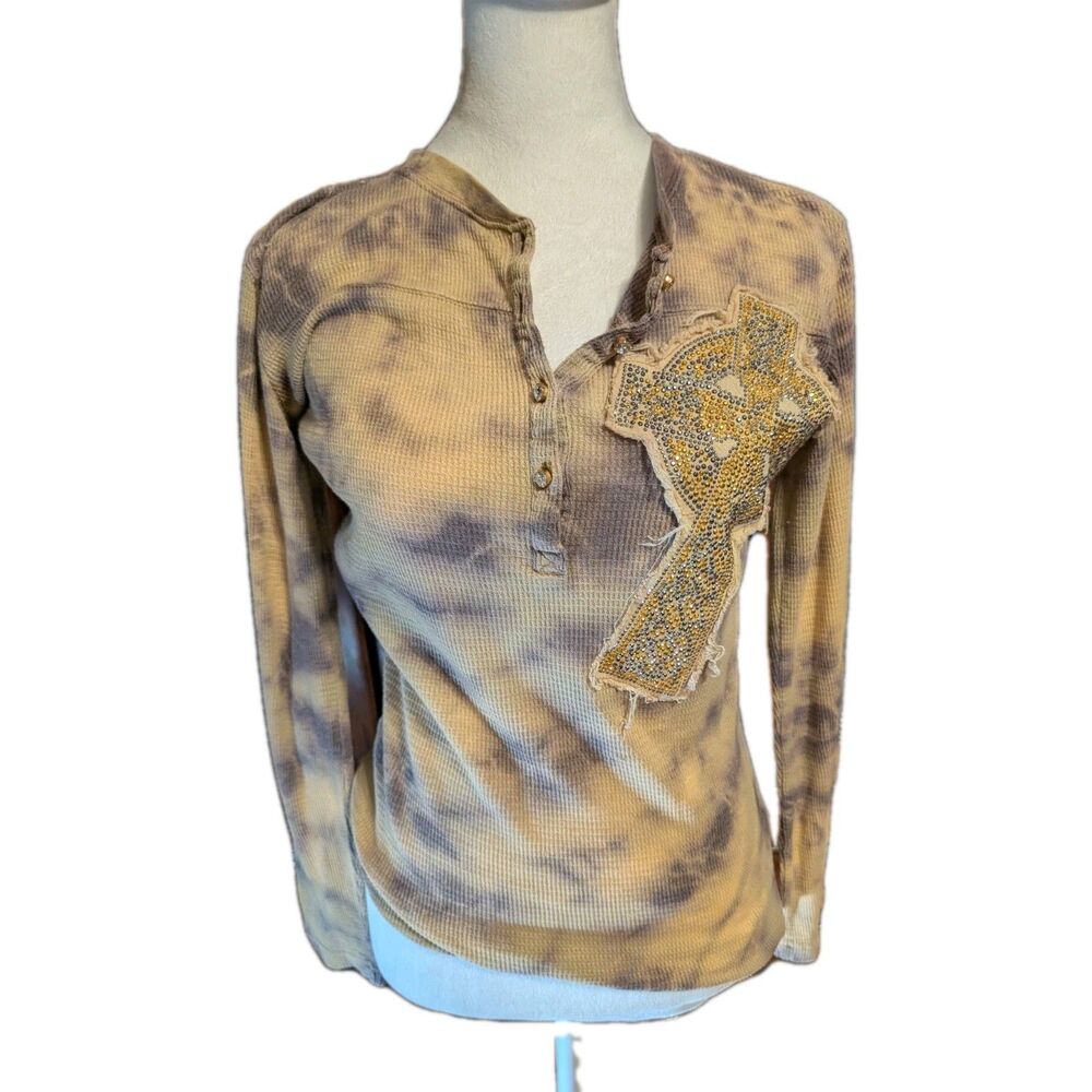 Baby Thermal Top Size Small Tie Dye Waffle Knit Cross Distressed Emo Grunge